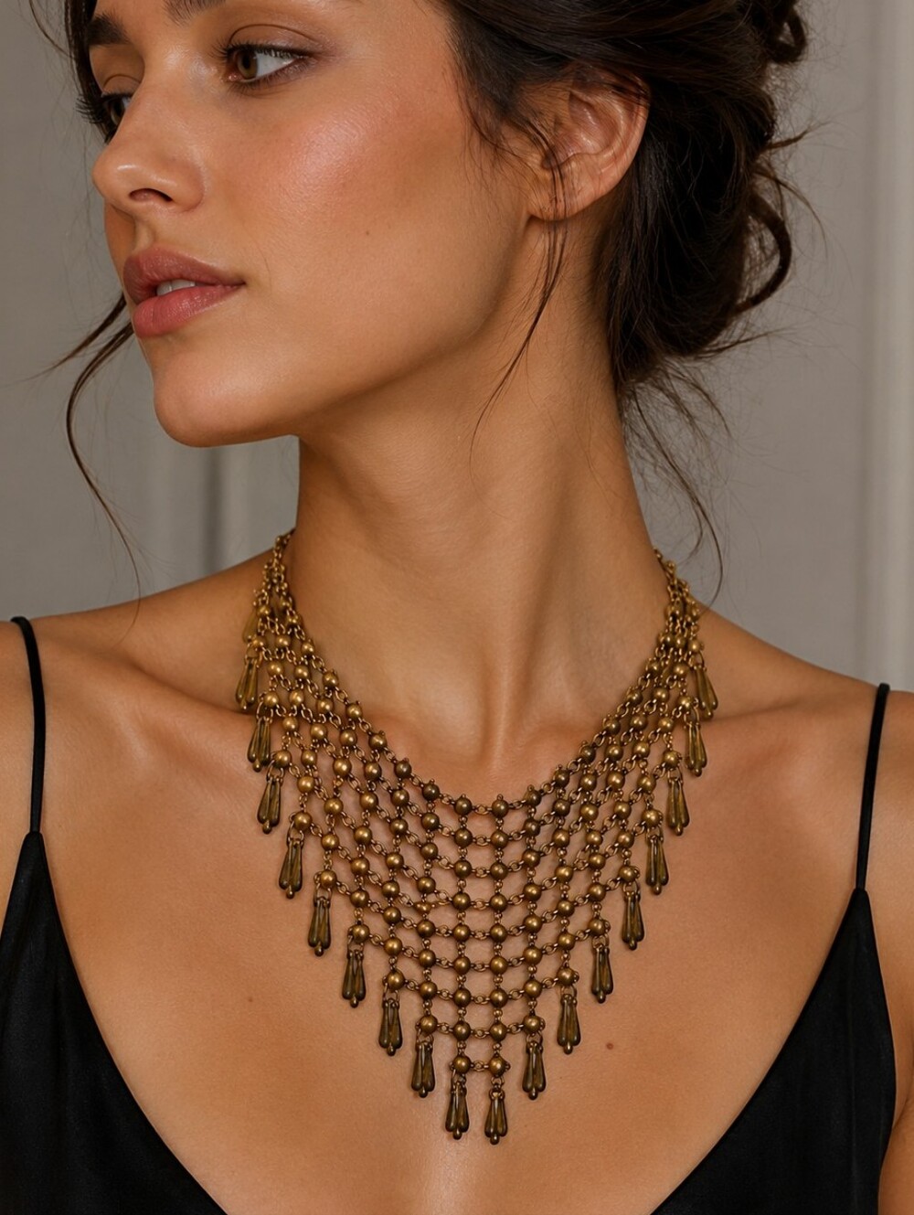 Antique Chainmaille V-Shape Fringe Bib Festival Necklace